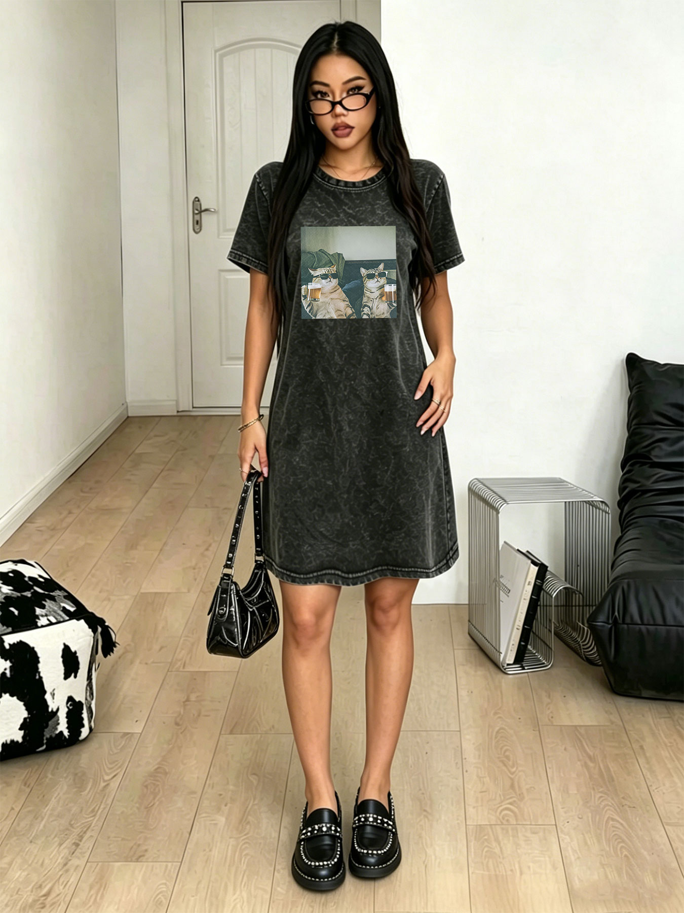 Streetwear Brand Cat - Robe T-shirt vintage délavée et vieillie