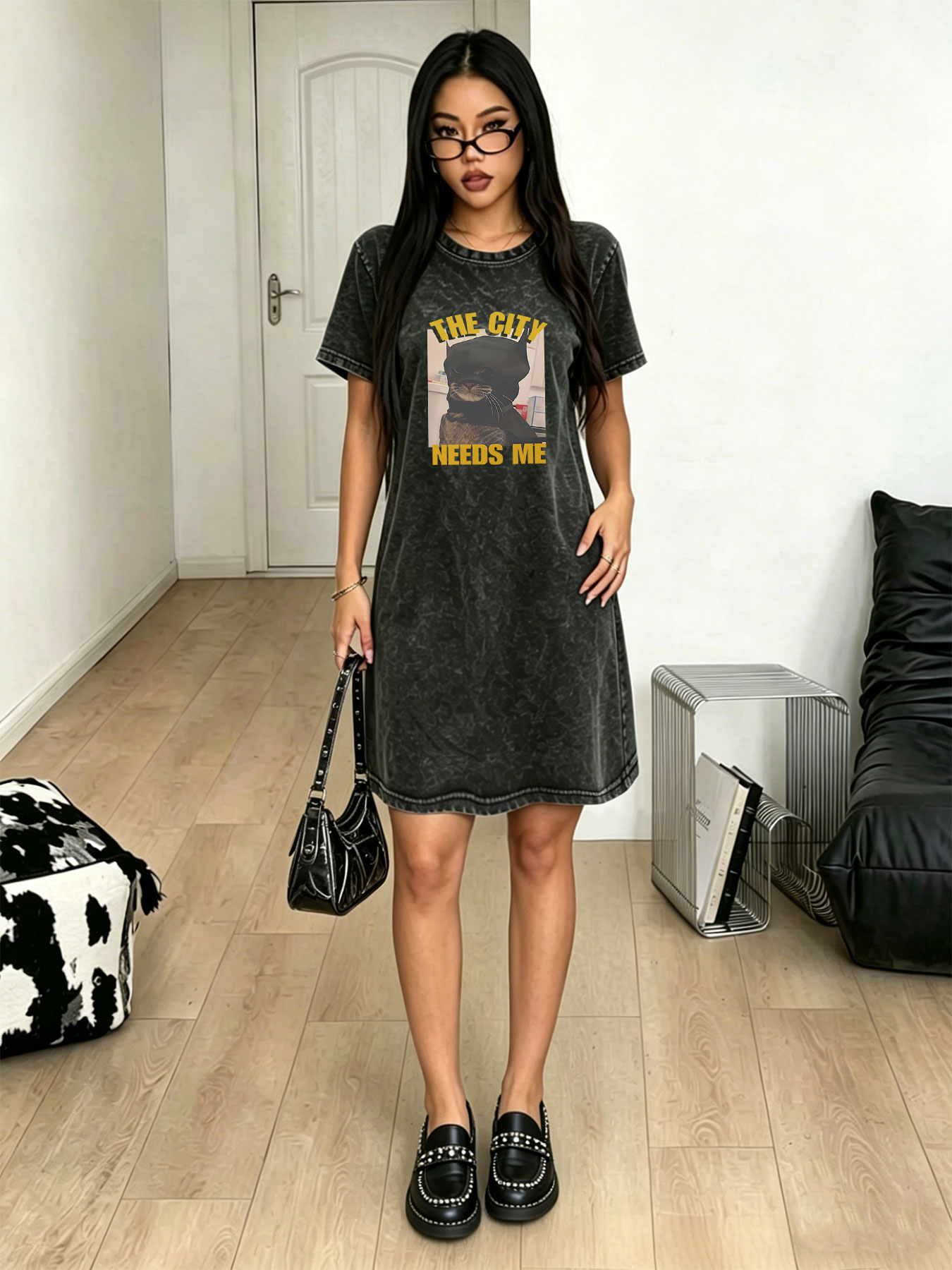 Streetwear Brand Cat - Robe T-shirt vintage délavée et vieillie